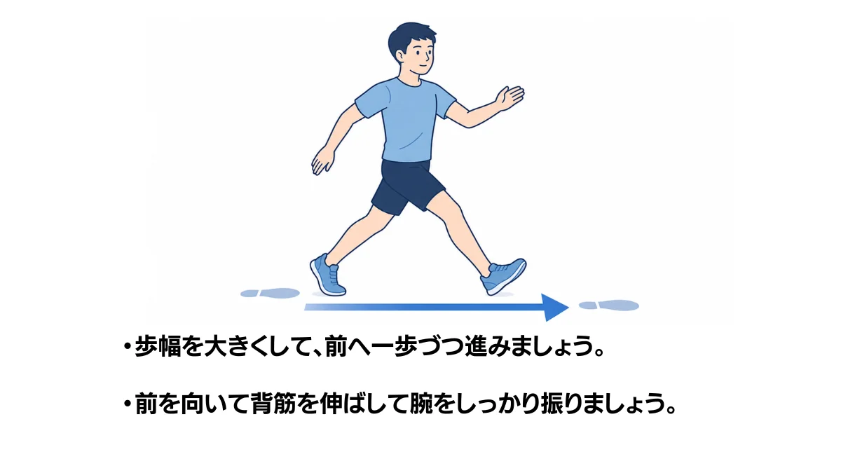 自主トレ素材庫Plusに収録されている「大股での歩行」の実物スライド