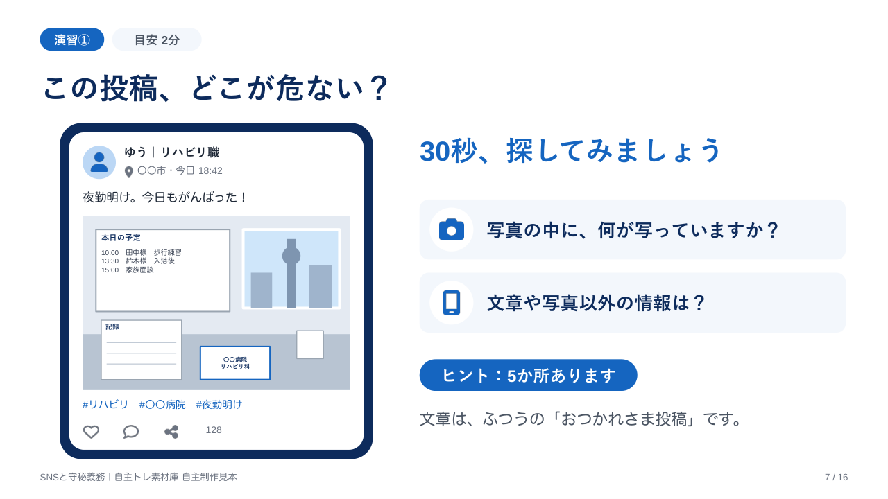 自主制作見本：職員研修「この投稿、どこが危ない？」